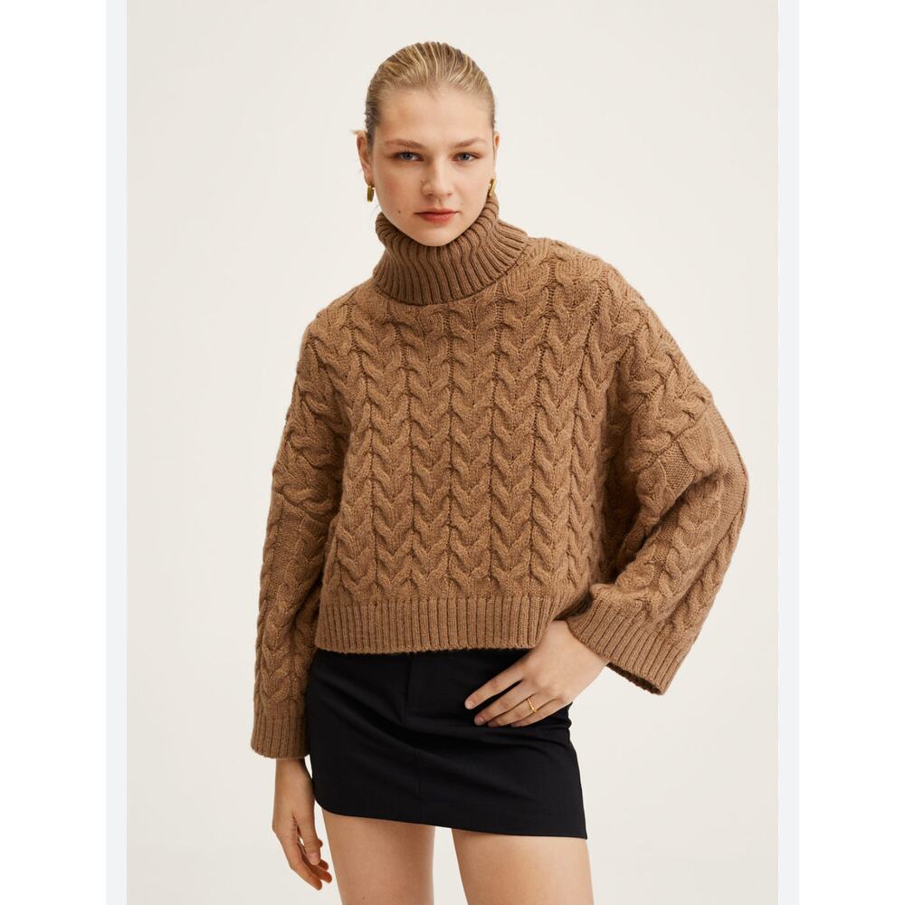 MANGO Oversized Cable Knit Turtleneck Sweater L Fisherman Cabincore Boho chic